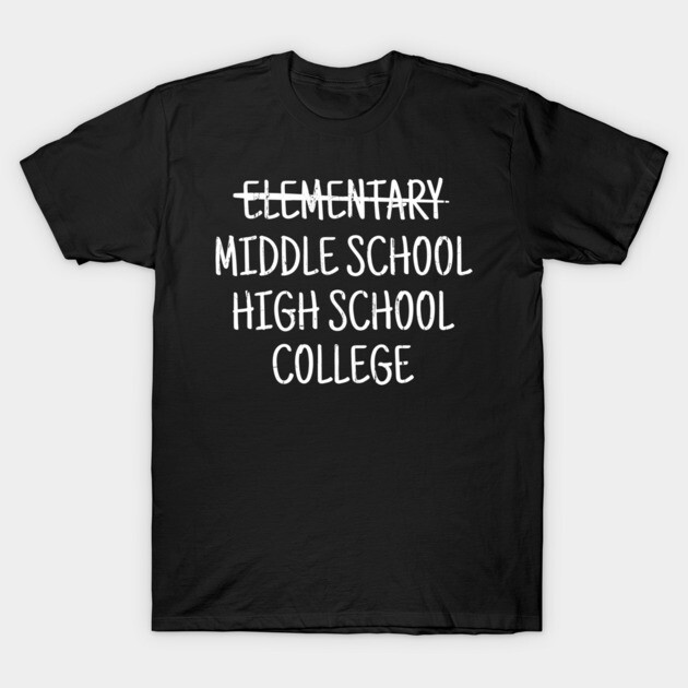 Black unisex t-shirt with humorous education progression text design in bold white font, casual wear.