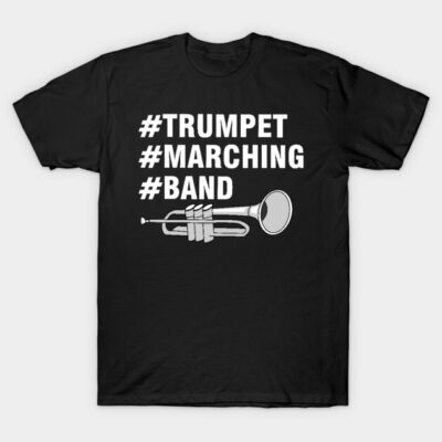 Black T-shirt with white trumpet marching band design, hashtag text, casual wear, 100% cotton, unisex.