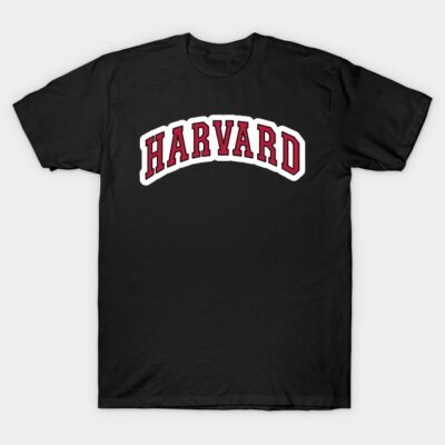 Black t-shirt with "Harvard" printed in red and white, casual style, made from soft cotton for everyday wear.