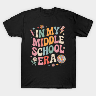 Black T-shirt with colorful "In My Middle School Era" retro graphic design, casual wear, unisex style.