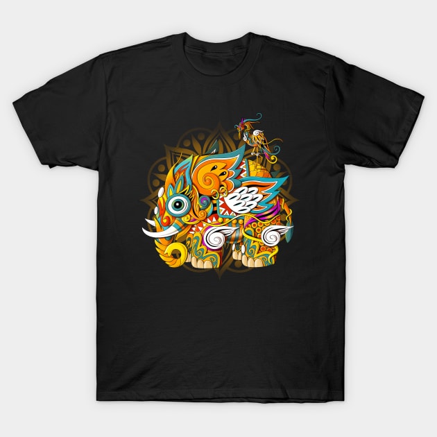 Black t-shirt with colorful abstract elephant design, featuring vibrant patterns and wing details, perfect for casual wear.
