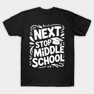 Black "Next Stop Middle School" t-shirt with graduation cap graphic, perfect for celebrating school transition.