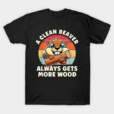 Black t-shirt with cute beaver graphic and humorous text, perfect for casual wear. Retro style design. 100% cotton.