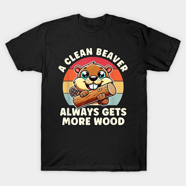 Black t-shirt with cute beaver graphic and humorous text, perfect for casual wear. Retro style design. 100% cotton.