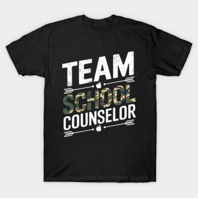 Black "Team School Counselor" T-shirt with white and camo text, casual style, ideal for school events and everyday wear.
