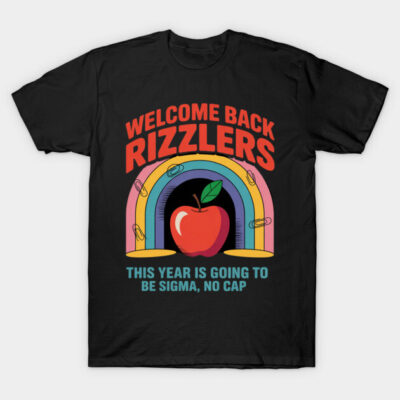 Black T-shirt with colorful rainbow, apple design, and text "Welcome Back Rizzlers." Casual unisex style, cotton material.