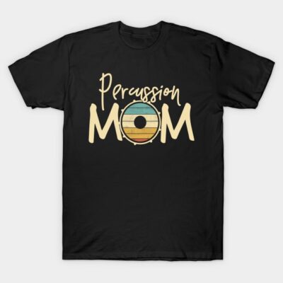 Black "Percussion Mom" T-shirt with drum graphic, casual style, made of soft cotton for music enthusiasts.