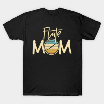 Black "Flute Mom" t-shirt with vintage-style graphic, cotton material, perfect for music lovers or casual wear.