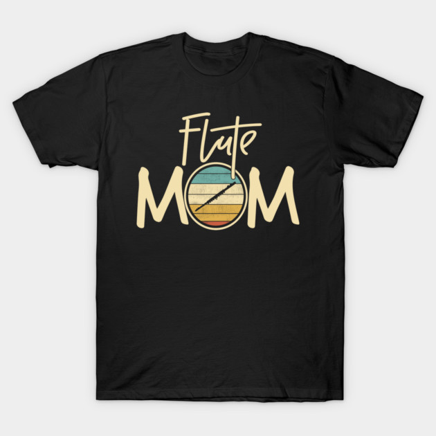 Black "Flute Mom" t-shirt with vintage-style graphic, cotton material, perfect for music lovers or casual wear.