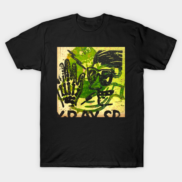 Black T-shirt with abstract green graphic print, casual style, 100% cotton, unisex, perfect for everyday wear.