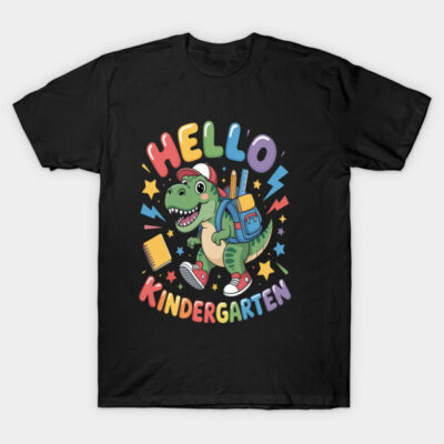 Black T-shirt with colorful "Hello Kindergarten" dinosaur print, ideal for kids, casual wear, 100% cotton.