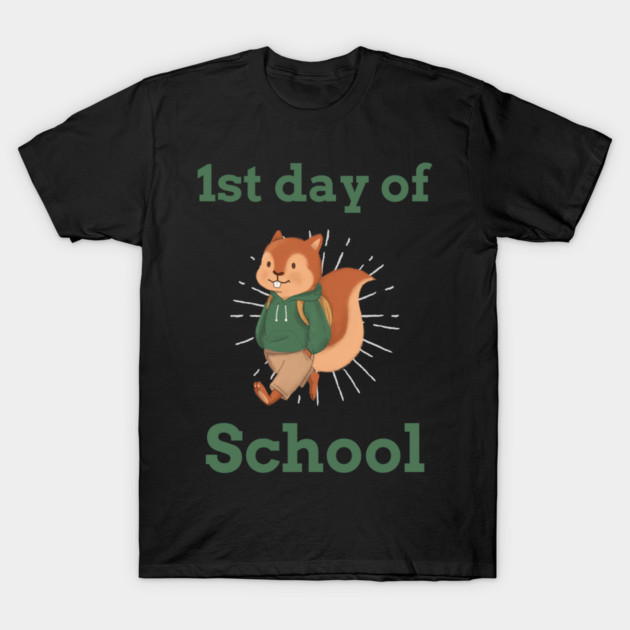 Black T-shirt with "1st Day of School" text and cartoon squirrel design, casual wear, cotton material.