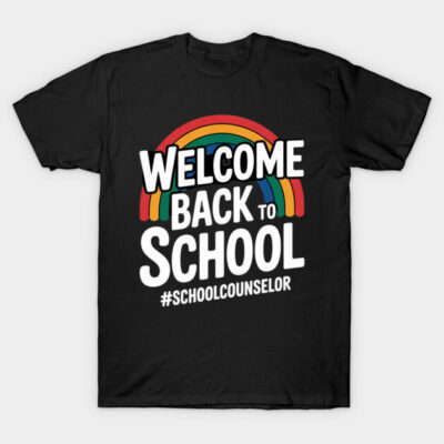 Black "Welcome Back to School" T-shirt with rainbow design, ideal for school counselors, casual style, cotton material.