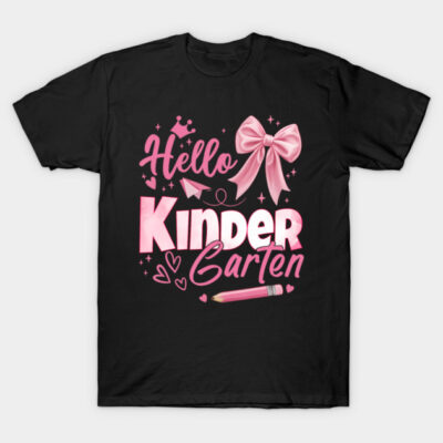 Black t-shirt with "Hello Kindergarten" pink graphic, featuring a bow and pencil design, perfect for school events.