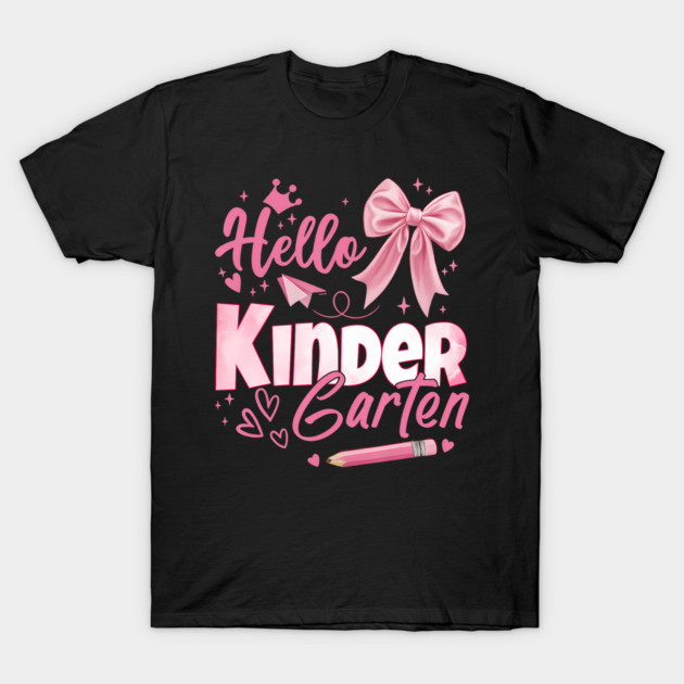 Black t-shirt with "Hello Kindergarten" pink graphic, featuring a bow and pencil design, perfect for school events.