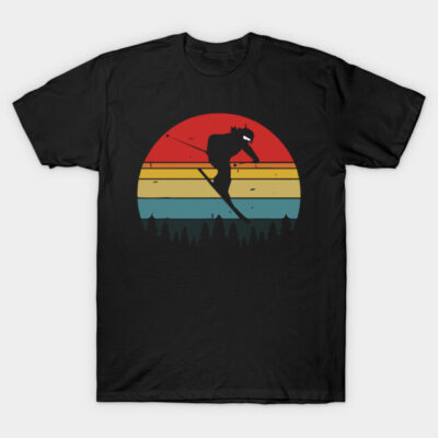 Black retro-style T-shirt with colorful sunset and skiing silhouette design, perfect for casual wear.