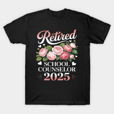 Black "Retired School Counselor 2025" T-shirt with floral design, short sleeve, cotton material, casual style.
