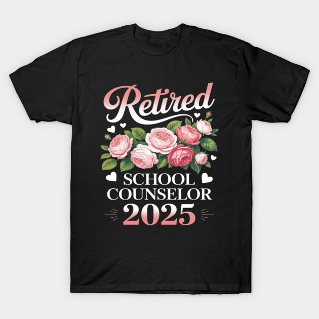 Black "Retired School Counselor 2025" T-shirt with floral design, short sleeve, cotton material, casual style.