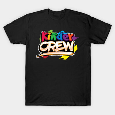 Black t-shirt with colorful "Kinder Crew" graphic design, casual style, comfortable cotton material.