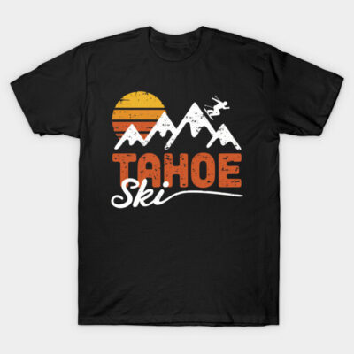 Black Tahoe Ski T-shirt with mountain and sunset graphic, casual style, cotton material, ideal for winter sports enthusiasts.