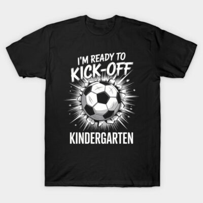Black T-shirt with "I'm Ready to Kick-Off Kindergarten" soccer design, fun and sporty for kids.