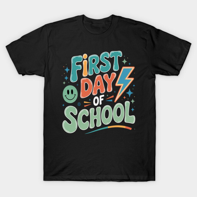 Black "First Day of School" graphic t-shirt, colorful text, casual style, 100% cotton, perfect for back-to-school wear.