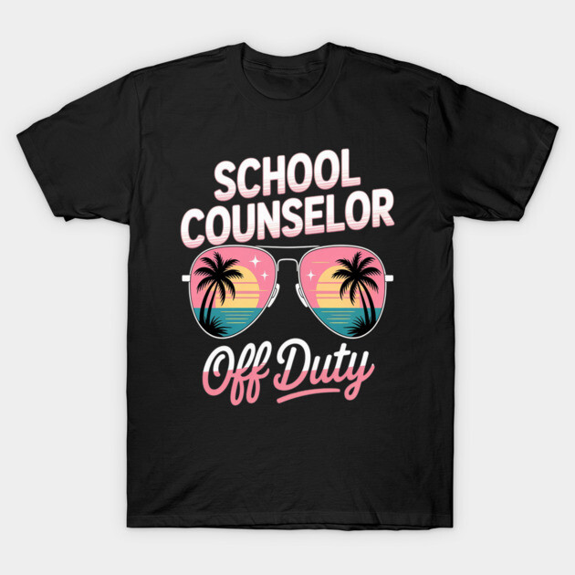 Black t-shirt with "School Counselor Off Duty" text and tropical sunglasses graphic, casual and stylish design.