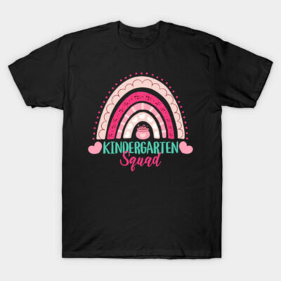 Black T-shirt with colorful rainbow and "Kindergarten Squad" text, ideal for school events, soft cotton material.