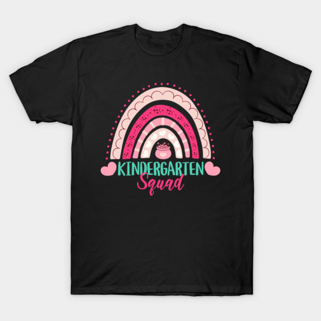 Black T-shirt with colorful rainbow and "Kindergarten Squad" text, ideal for school events, soft cotton material.