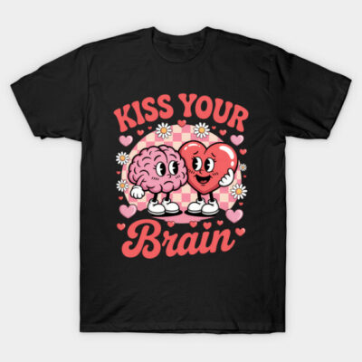 Black T-shirt with "Kiss Your Brain" graphic, featuring cartoon heart and brain, pink and red colors, casual wear.