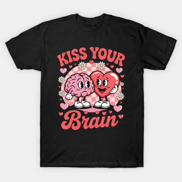 Black T-shirt with "Kiss Your Brain" graphic, featuring cartoon heart and brain, pink and red colors, casual wear.