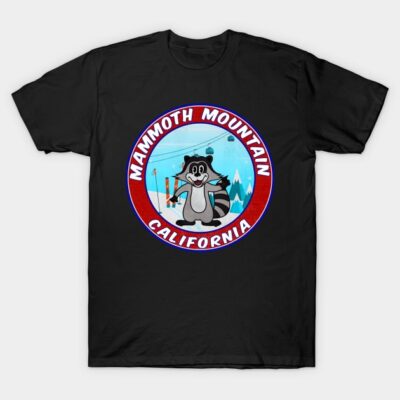 Black T-shirt featuring Mammoth Mountain California graphic with a playful raccoon, perfect for casual wear.