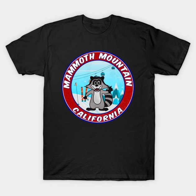 Black T-shirt featuring Mammoth Mountain California graphic with a playful raccoon, perfect for casual wear.