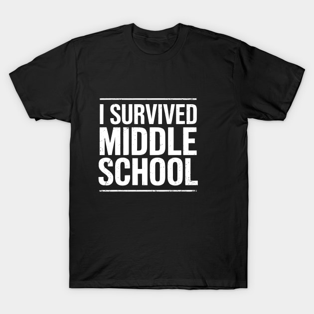"Black T-shirt with bold white text 'I Survived Middle School', casual style, unisex cotton material."