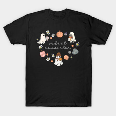 Black Halloween-themed t-shirt with cute ghost illustrations, pumpkins, and "school counselor" text. Fun, festive apparel.