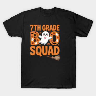 Black "7th Grade Boo Squad" Halloween T-shirt with ghost, pumpkins, and bats design, perfect for festive school events.