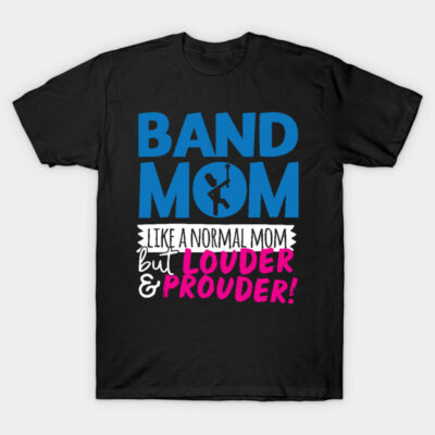 Black Band Mom T-shirt with colorful graphic text design, casual style, perfect for music event support.