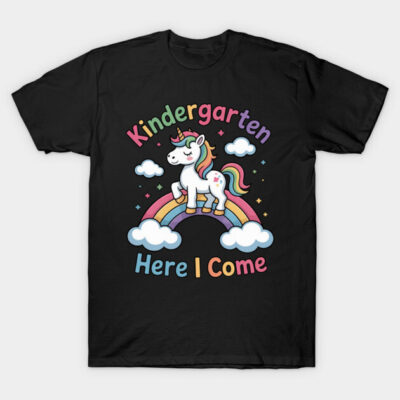 Black children's T-shirt with colorful unicorn and rainbow design, "Kindergarten Here I Come" text, cotton fabric.