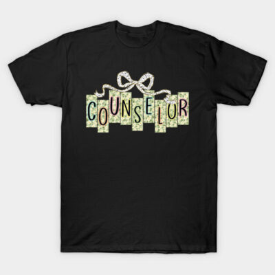Black t-shirt with "Counselor" text and floral design, casual style, cotton material, perfect for everyday wear.