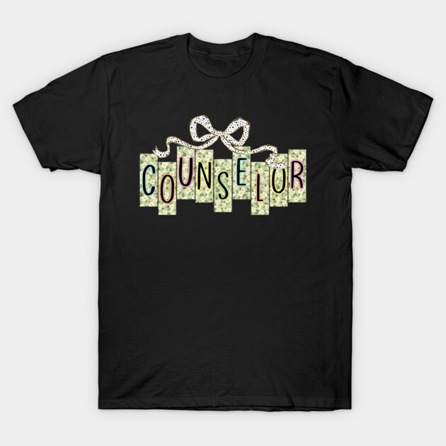 Black t-shirt with "Counselor" text and floral design, casual style, cotton material, perfect for everyday wear.