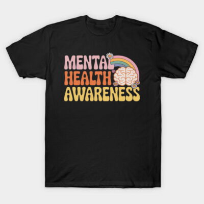 Black t-shirt with "Mental Health Awareness" text, colorful rainbow and brain graphic, casual style, cotton material.