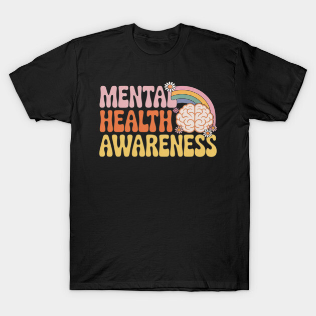 Black t-shirt with "Mental Health Awareness" text, colorful rainbow and brain graphic, casual style, cotton material.