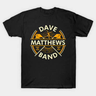 Black graphic tee with yellow "Dave Matthews Band" logo, casual unisex cotton t-shirt, perfect for music fans.