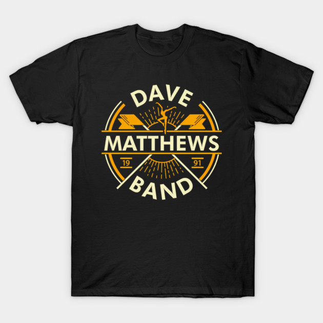 Black graphic tee with yellow "Dave Matthews Band" logo, casual unisex cotton t-shirt, perfect for music fans.