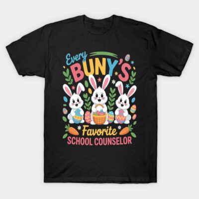 Black t-shirt with colorful Easter bunny design and "Favorite School Counselor" text, perfect for casual wear.