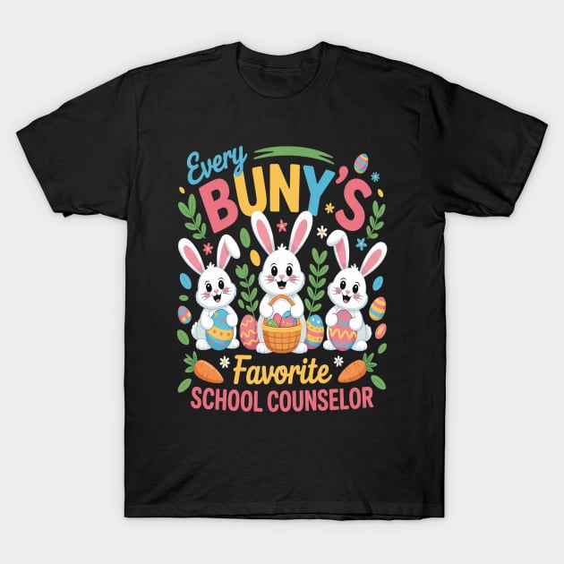 Black t-shirt with colorful Easter bunny design and "Favorite School Counselor" text, perfect for casual wear.