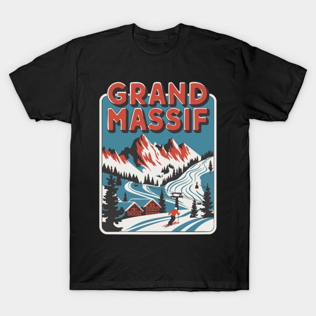 Black cotton t-shirt featuring colorful Grand Massif ski resort graphic, ideal for casual wear and winter sports enthusiasts.