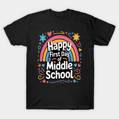 Black "Happy First Day of Middle School" t-shirt with colorful rainbow and star design, perfect for students.