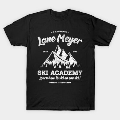 Black t-shirt with white mountain graphic and "Ski Academy" text, casual style, ideal for winter sports enthusiasts.