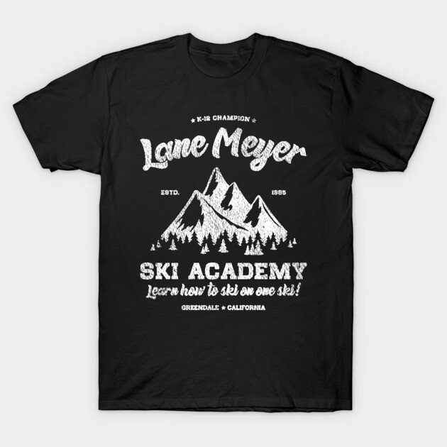 Black t-shirt with white mountain graphic and "Ski Academy" text, casual style, ideal for winter sports enthusiasts.